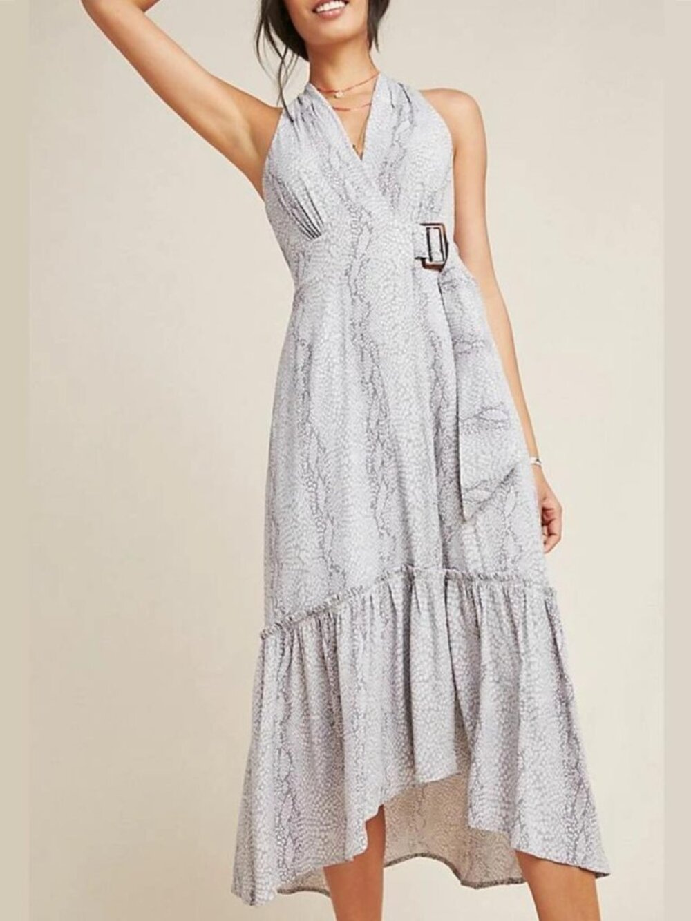 Anthropologie Marfa gray snakeskin print halterneck midi dress ruffle belted 4